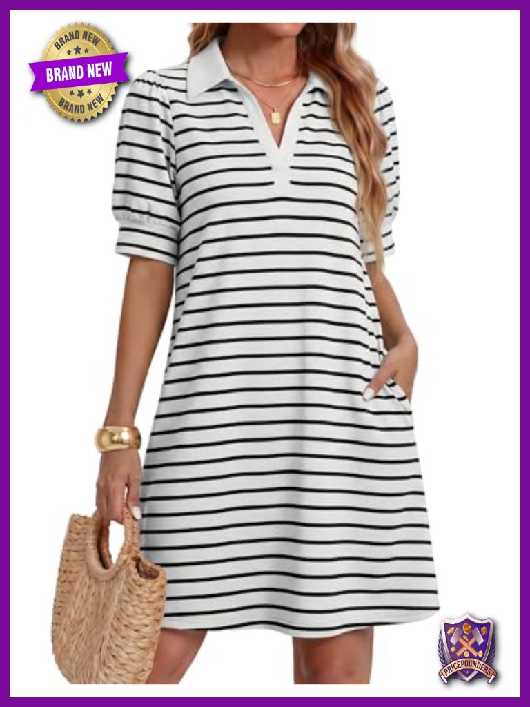 Striped V Neck Short Sleeve A Line Mini Dress